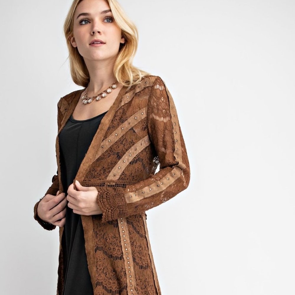 NEW  lace studs VOCAL CAMEL CARDIGAN coatigan sweater boho western jacket SM-3X - Picture 2 of 6